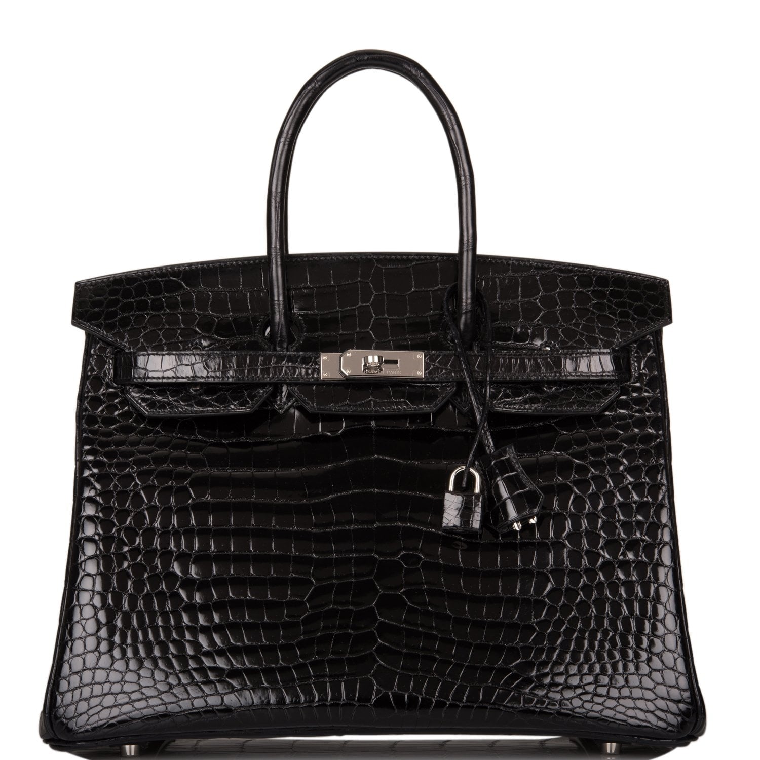 Hermes Birkin Shiny Porosus Crocodile Palladium Hardware Handbag Black Travel Bag Palladium Hardware