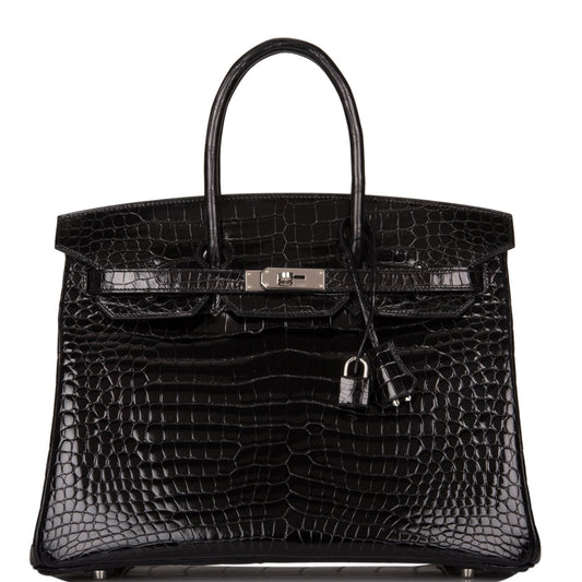 Hermes Birkin Shiny Porosus Crocodile Palladium Hardware Handbag Black Travel Bag Palladium Hardware