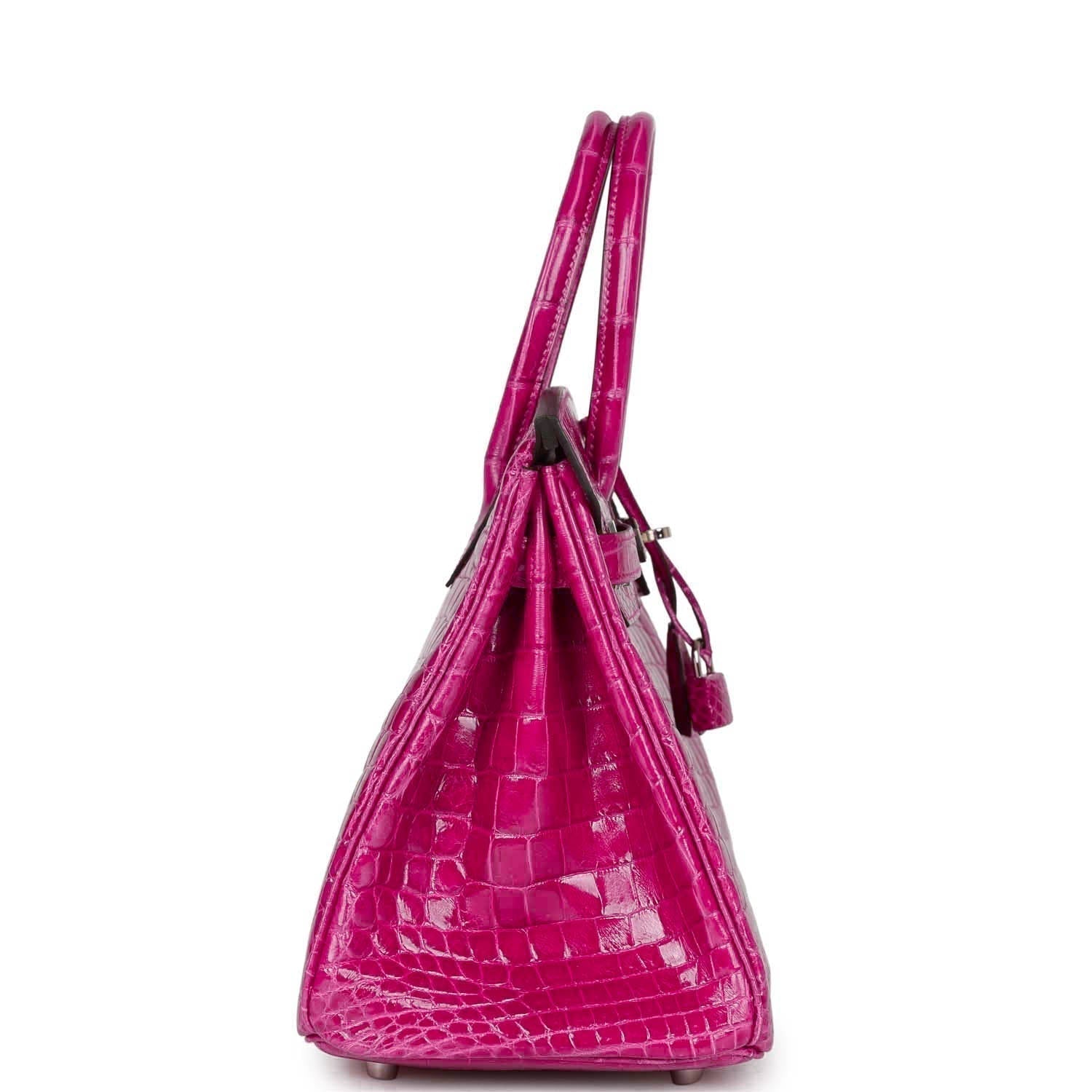 Hermes Birkin Rose Pourpre Shiny Niloticus Crocodile Palladium Travel Bag