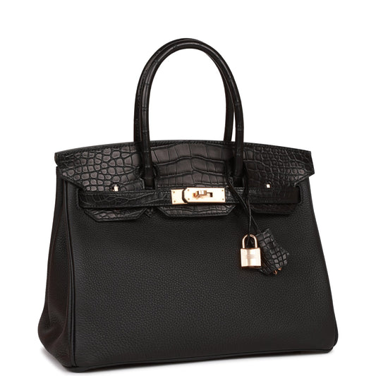 Hermes Birkin Matte Alligator And Togo Touch Rose Black Gold Travel Bag