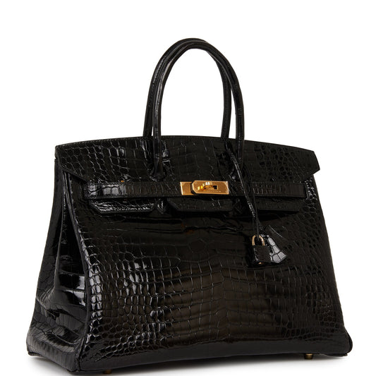 Hermes Birkin Shiny Porosus Crocodile Hardware Handbag Black Gold Travel Bag Gold Hardware