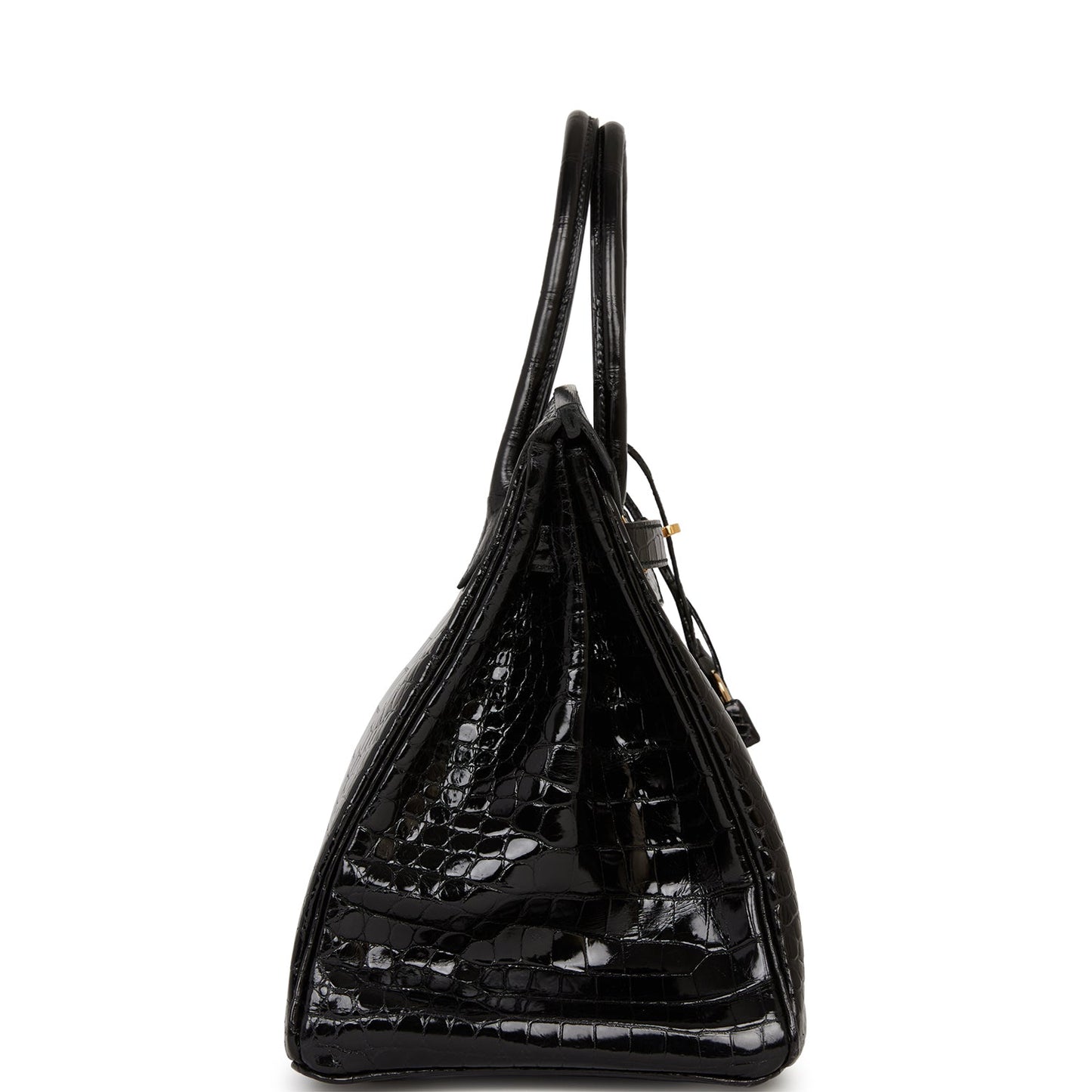 Hermes Birkin Shiny Porosus Crocodile Hardware Handbag Black Gold Travel Bag Gold Hardware
