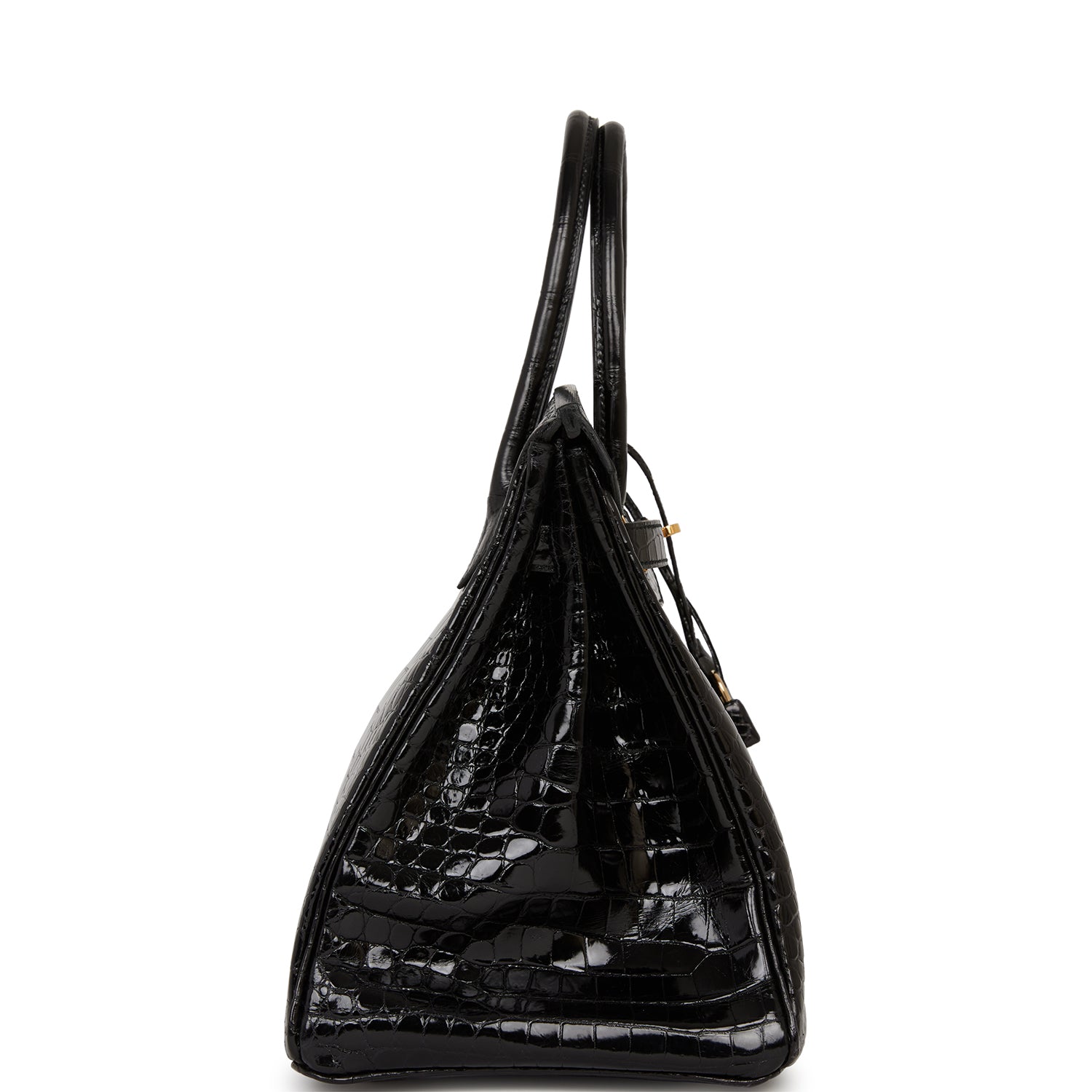 Hermes Birkin Shiny Porosus Crocodile Hardware Handbag Black Gold Travel Bag Gold Hardware