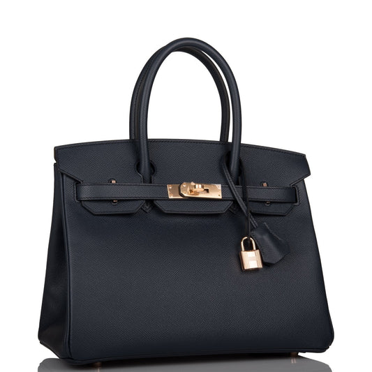 Hermes Birkin Bleu Indigo Epsom Rose Hardware Handbag Gold Travel Bag Gold Hardware