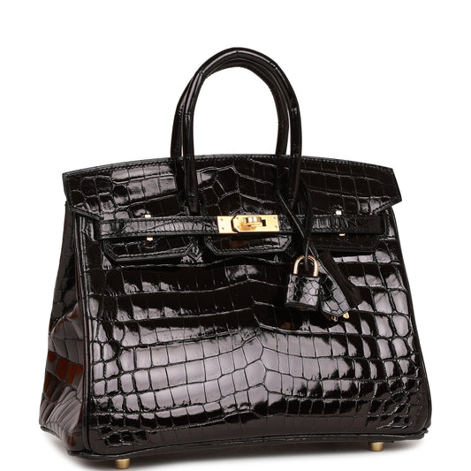 Hermes Birkin Shiny Niloticus Crocodile Hardware Handbag Black Gold Travel Bag 6