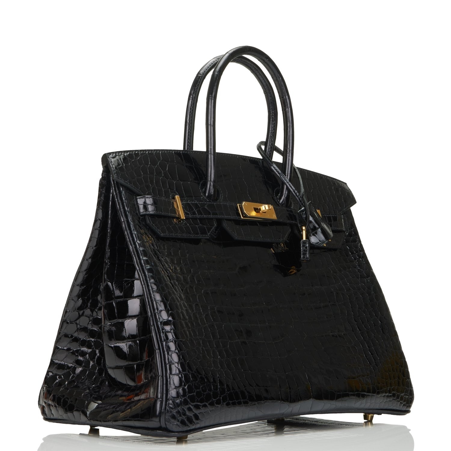 Hermes Birkin Shiny Porosus Crocodile Hardware Handbag Black Gold Travel Bag