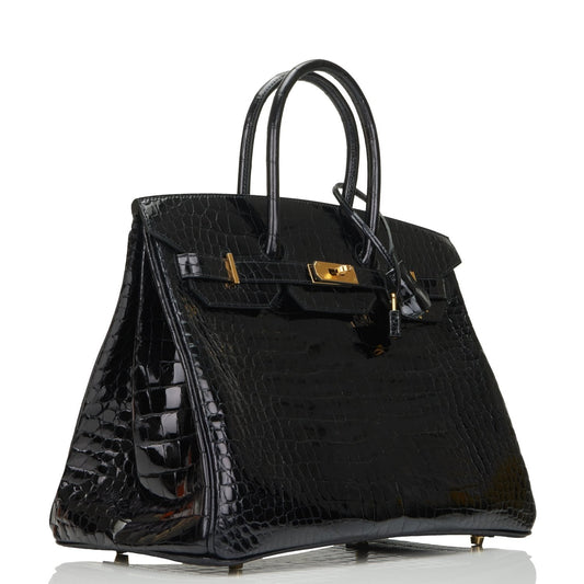Hermes Birkin Shiny Porosus Crocodile Hardware Handbag Black Gold Travel Bag