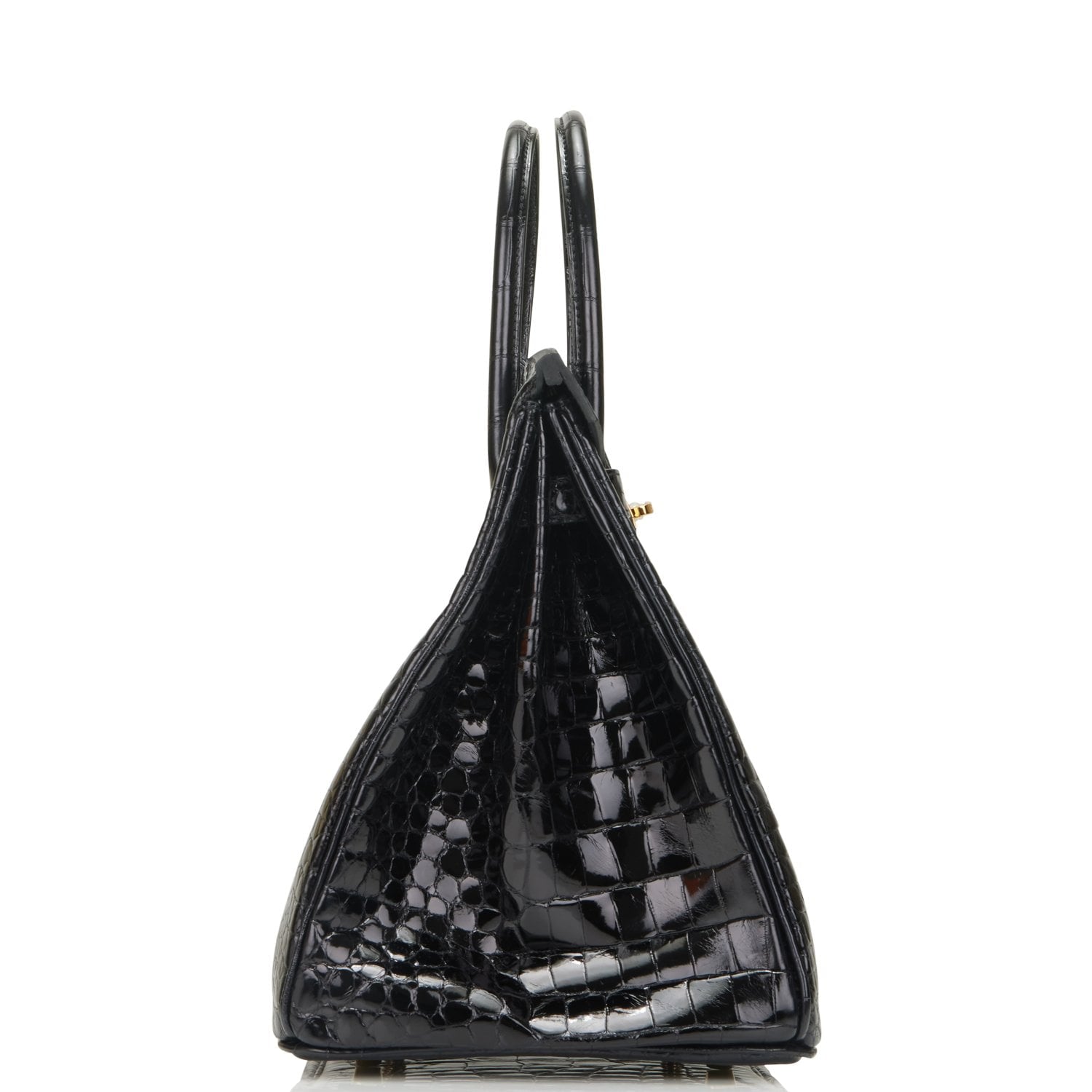 Hermes Birkin Shiny Porosus Crocodile Hardware Handbag Black Gold Travel Bag