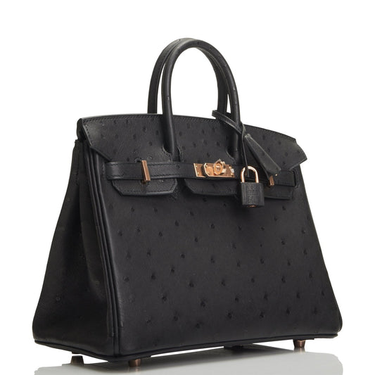 Hermes Birkin Ostrich Rose Hardware Handbag Black Gold Travel Bag Hardware 1