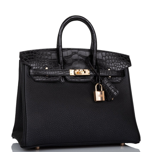 Hermes Birkin Matte Alligator And Togo Touch Rose Black Gold Travel Bag Gold Hardware