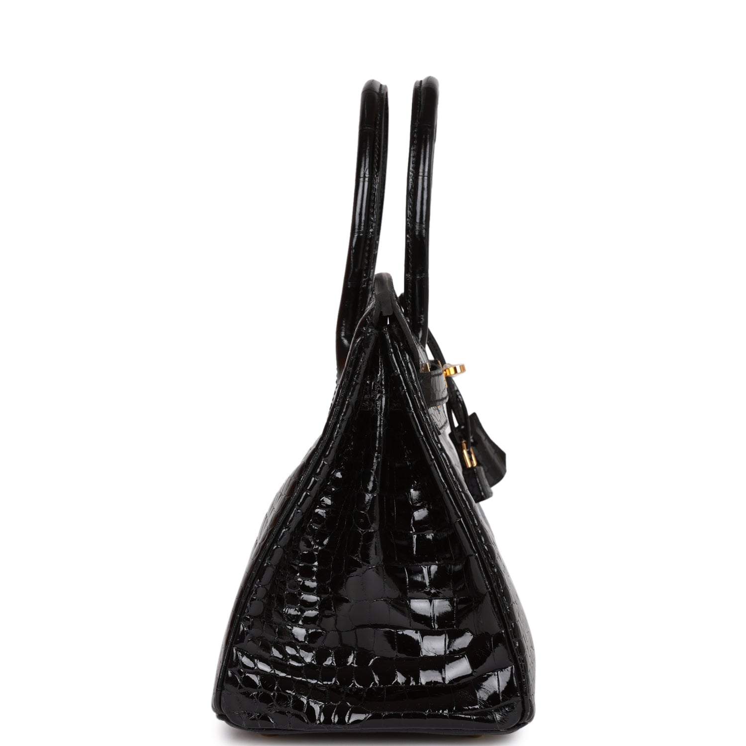 Hermes Birkin Shiny Niloticus Crocodile Hardware Handbag Black Gold Travel Bag