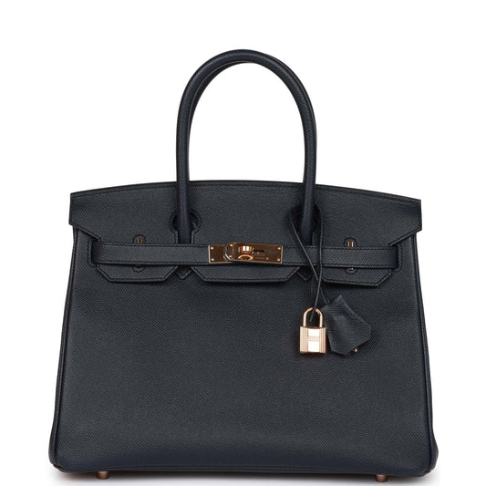 Hermes Birkin Bleu Indigo Epsom Rose Hardware Handbag Gold Travel Bag