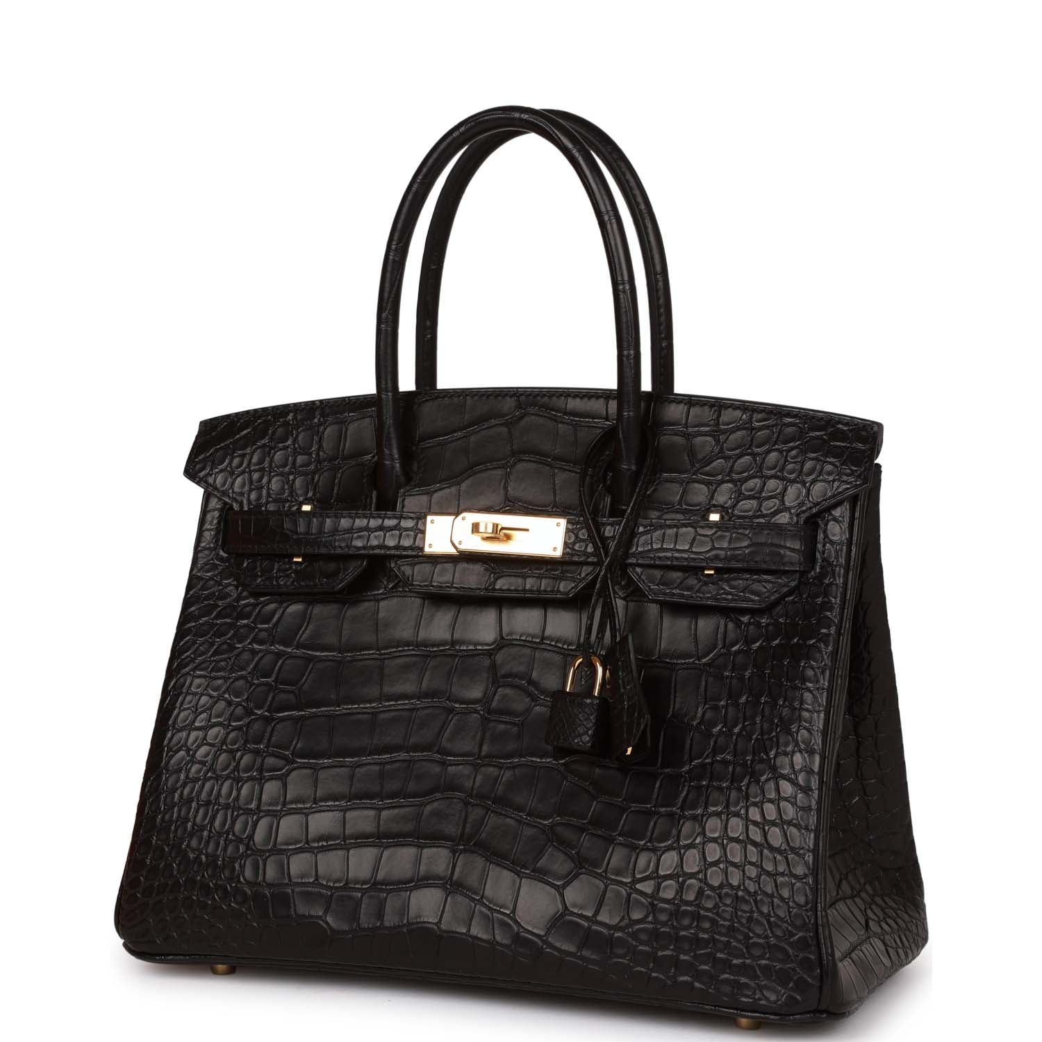 Hermes Birkin Matte Alligator Hardware Handbag Black Gold Travel Bag