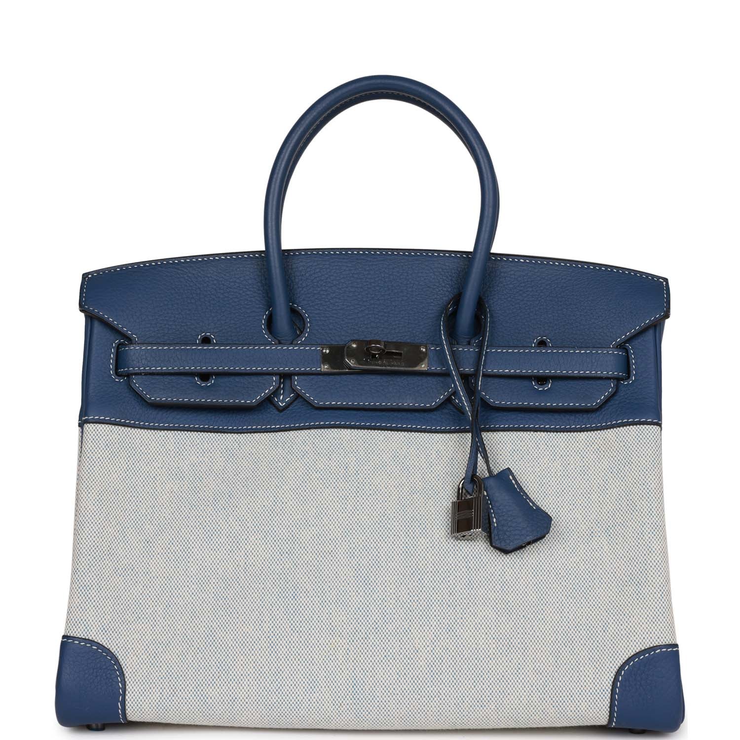 Hermes Birkin Bleu Brighton Clemence And Toile Ruthenium Travel Bag