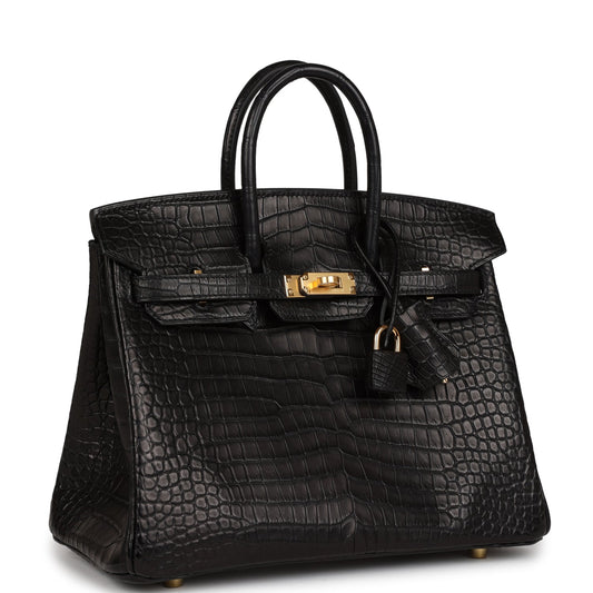 Hermes Birkin Matte Porosus Crocodile Hardware Handbag Black Gold Travel Bag