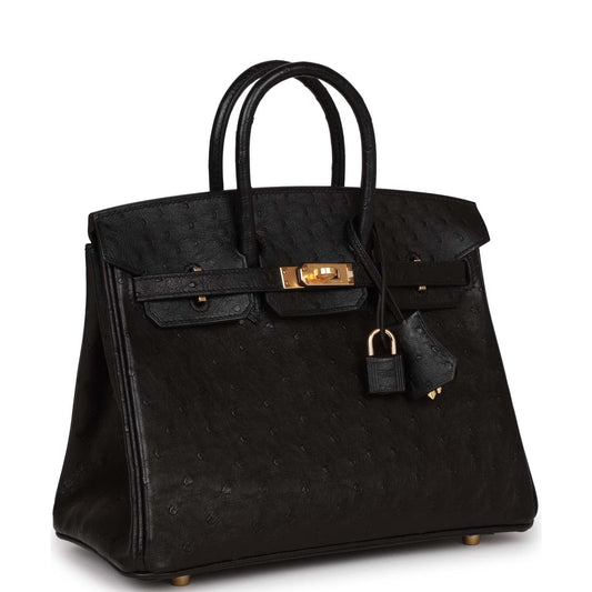 Hermes Birkin Ostrich Hardware Handbag Black Gold Travel Bag