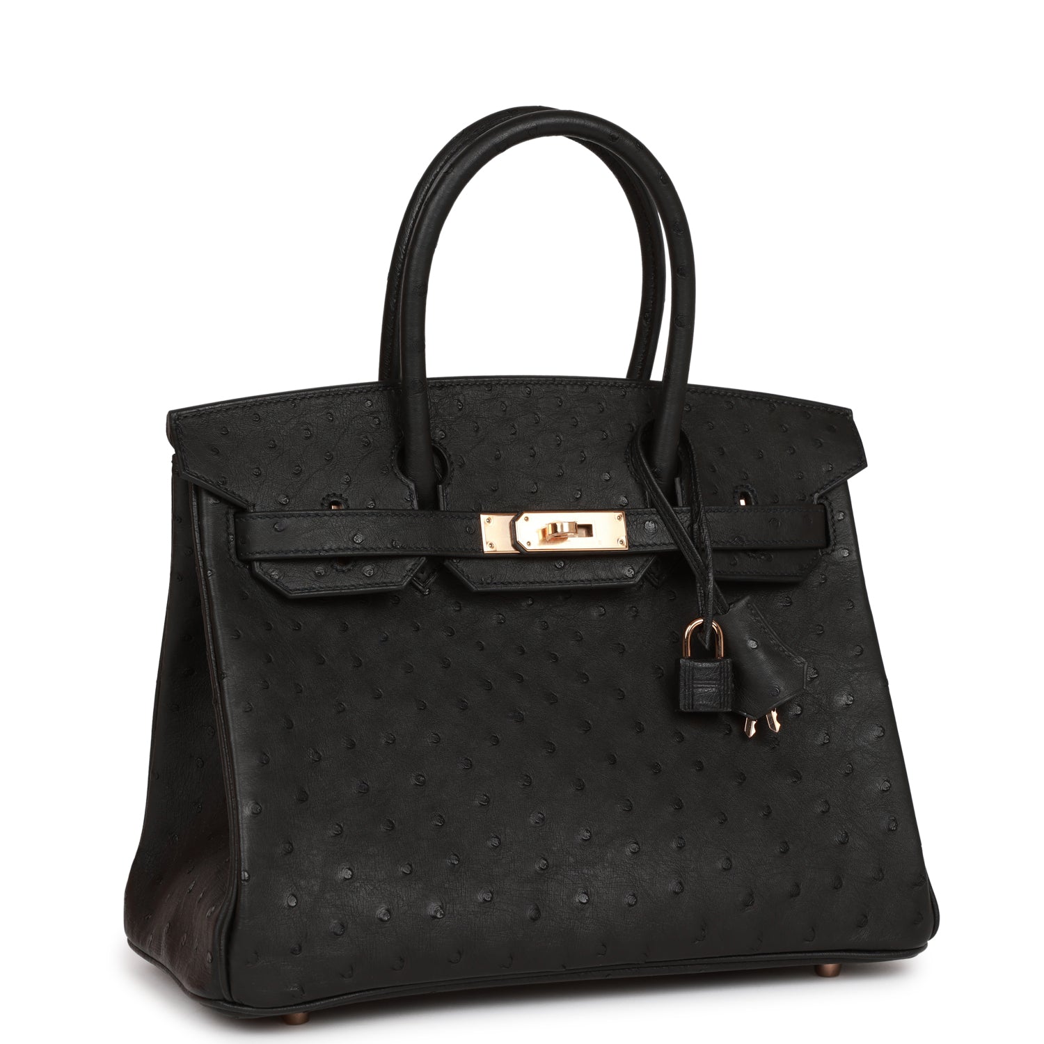 Hermes Birkin Ostrich Rose Hardware Handbag Black Gold Travel Bag
