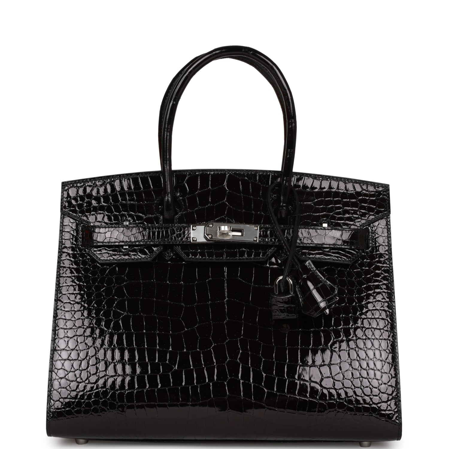 Hermes Birkin Sellier Shiny Porosus Crocodile Palladium Hardware Black Travel Bag