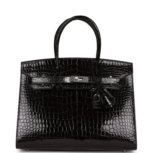 Hermes Birkin Sellier Shiny Porosus Crocodile Palladium Hardware Black Travel Bag
