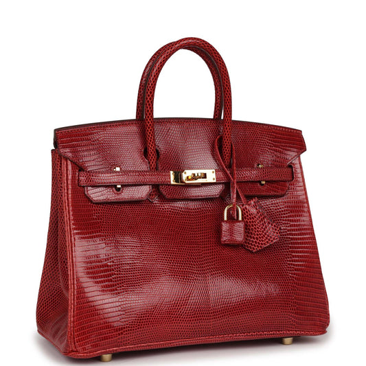 Hermes Birkin Rouge Moyen Salvator Lizard Hardware Handbag Gold Travel Bag