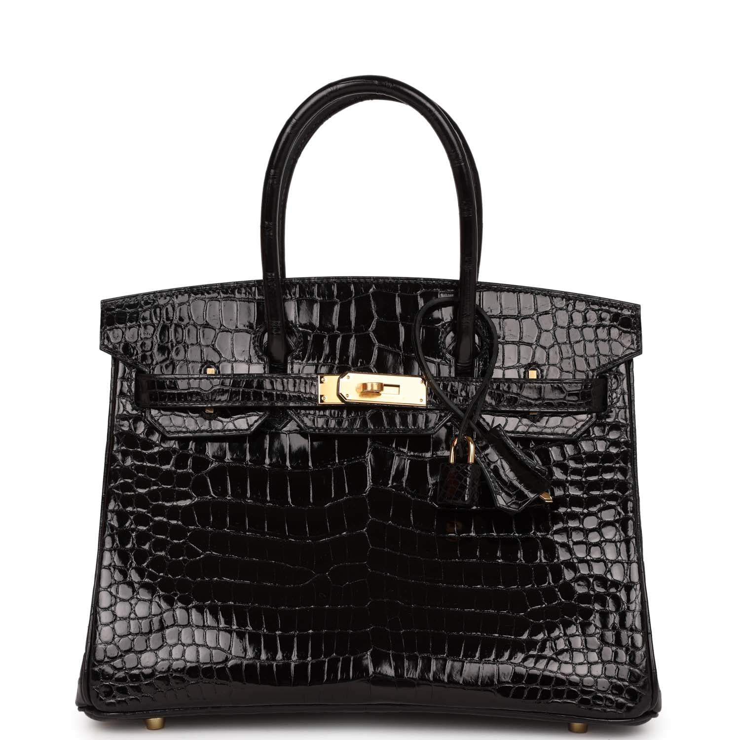Hermes Birkin Shiny Crocodile Porosus Hardware Handbag Black Gold Travel Bag