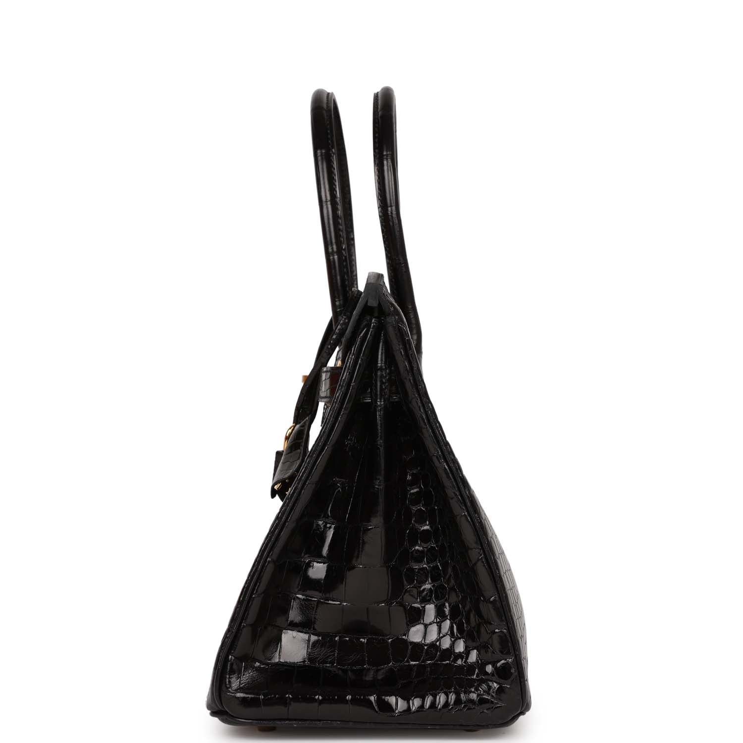 Hermes Birkin Shiny Crocodile Porosus Hardware Handbag Black Gold Travel Bag