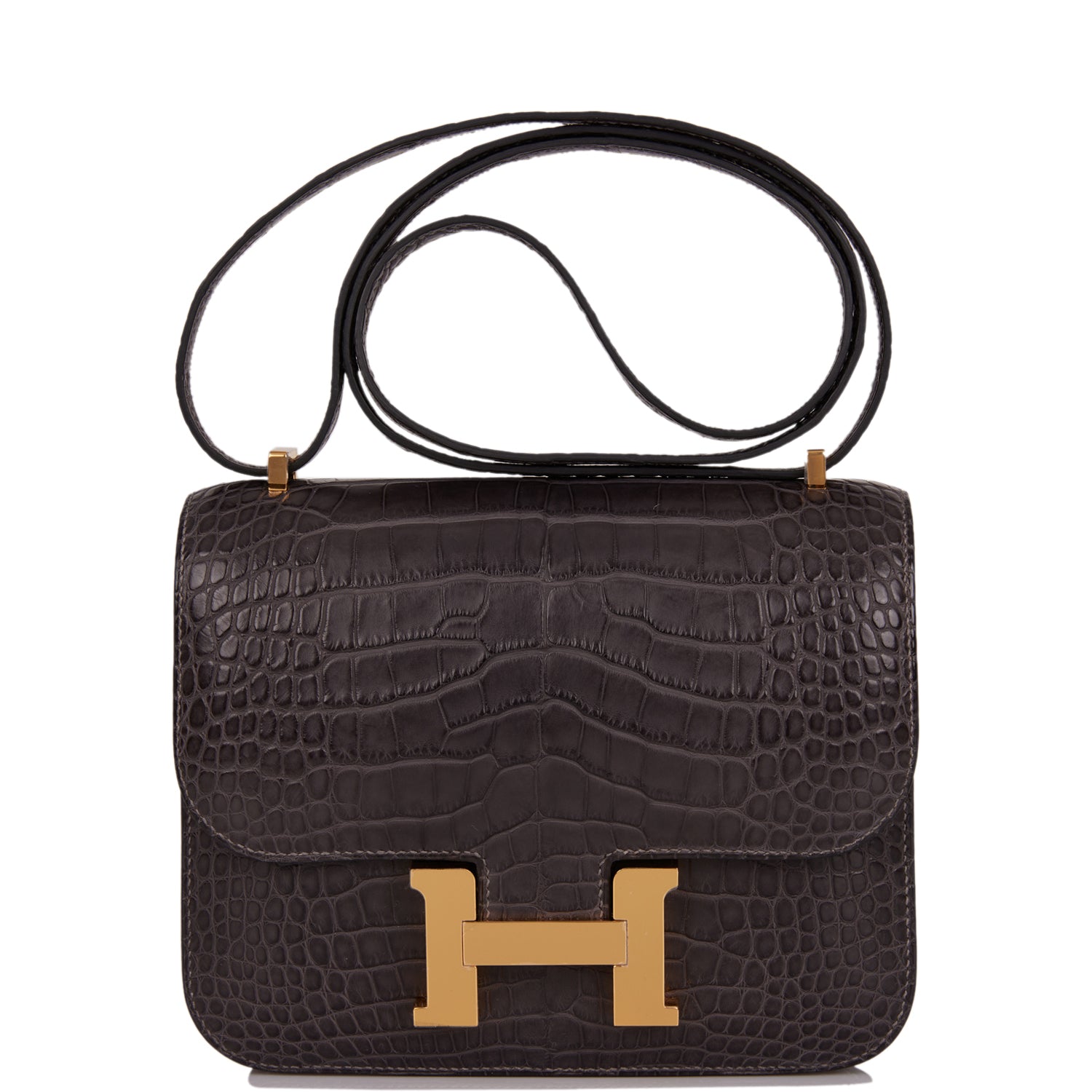 Hermes Constance Graphite Matte Alligator Hardware Handbag Gold Travel Bag