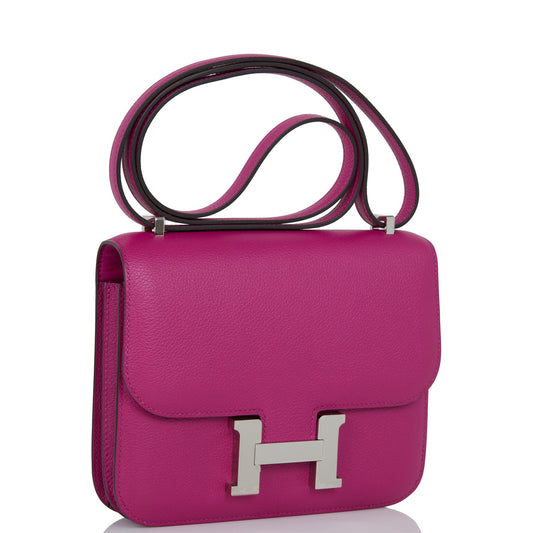 Hermes Constance Rose Pourpre Evercolor Palladium Hardware Handbag Travel Bag