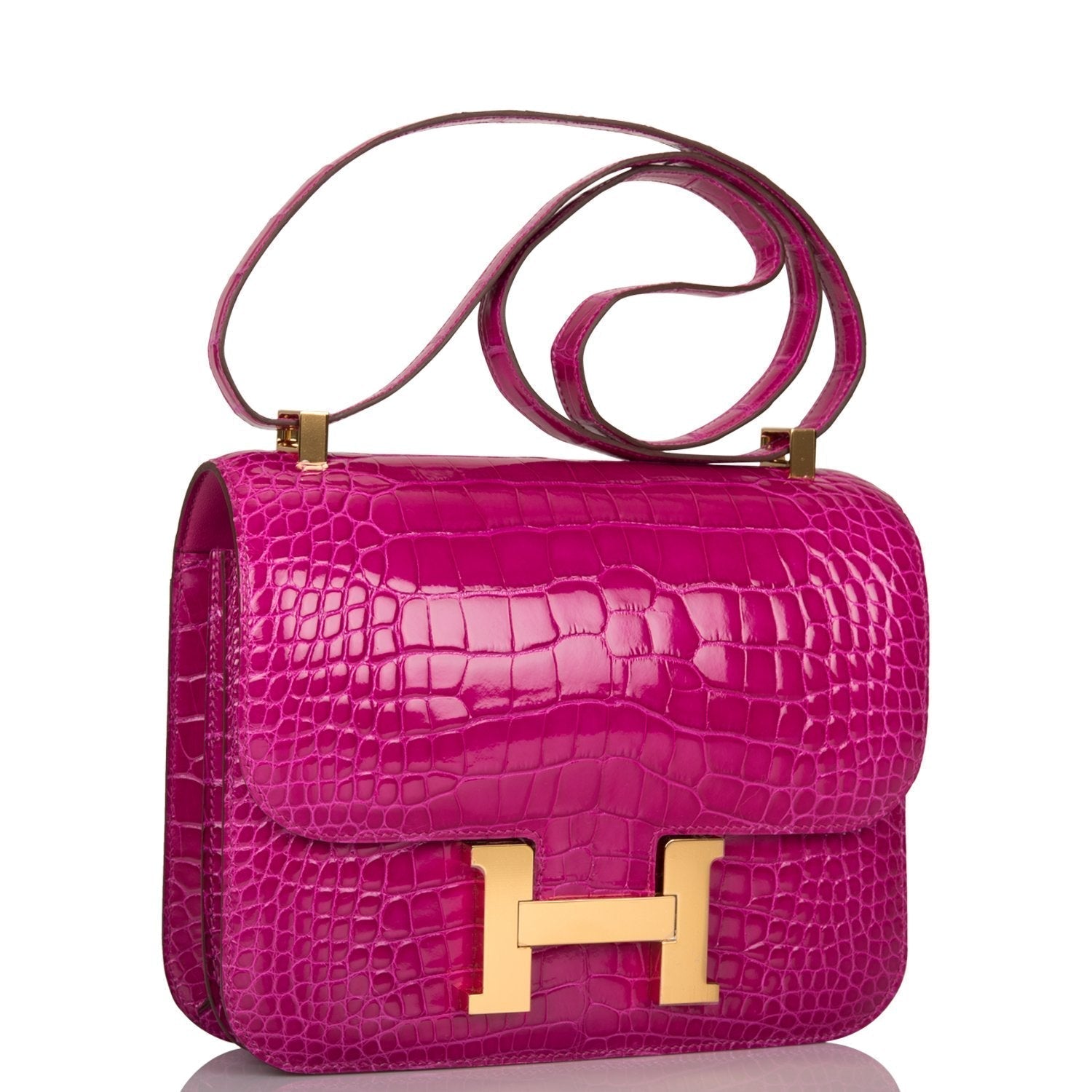 Hermes Constance Rose Scheherazade Shiny Alligator Hardware Handbag Gold Travel Bag