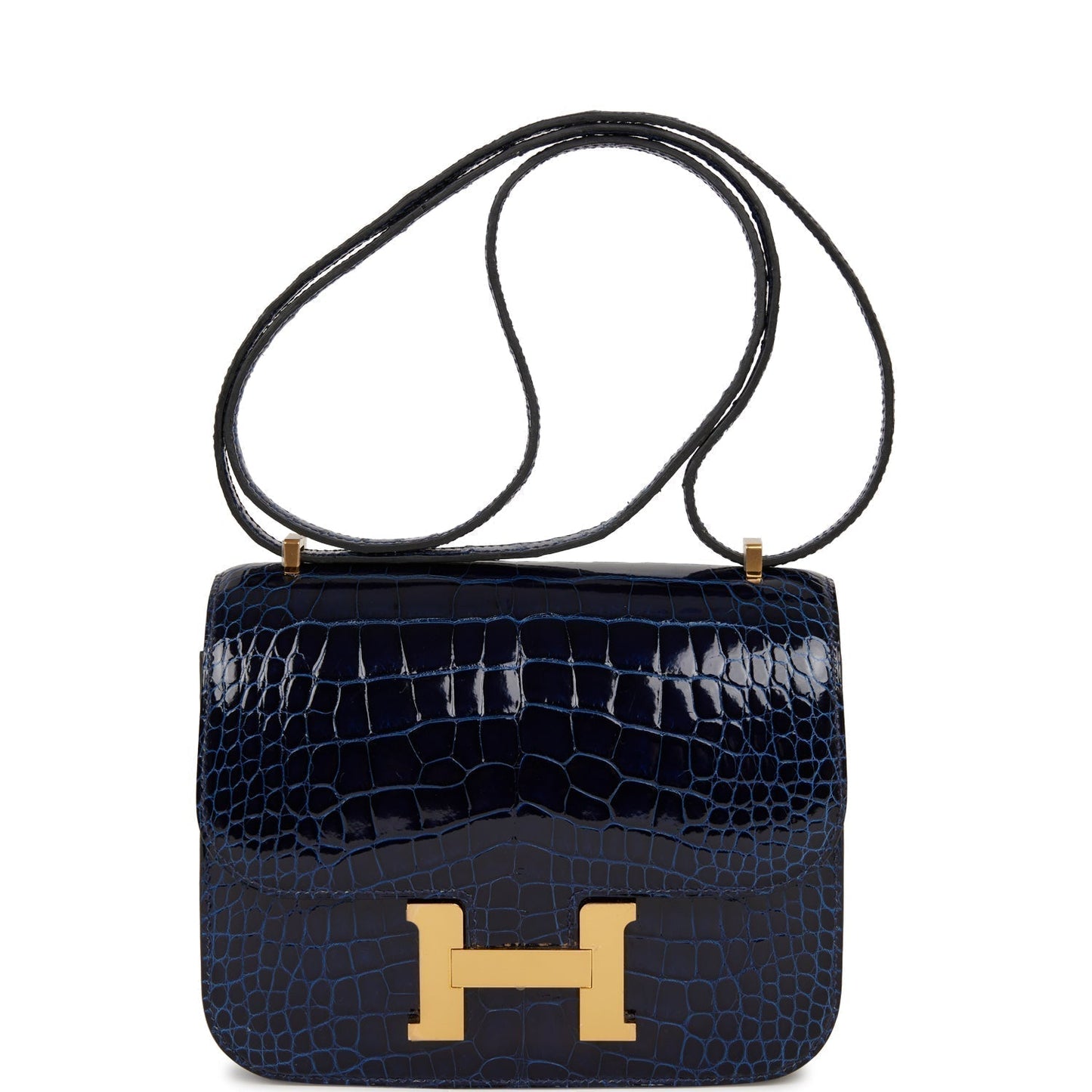 Hermes Constance Bleu Saphir Shiny Alligator Hardware Handbag Gold Travel Bag