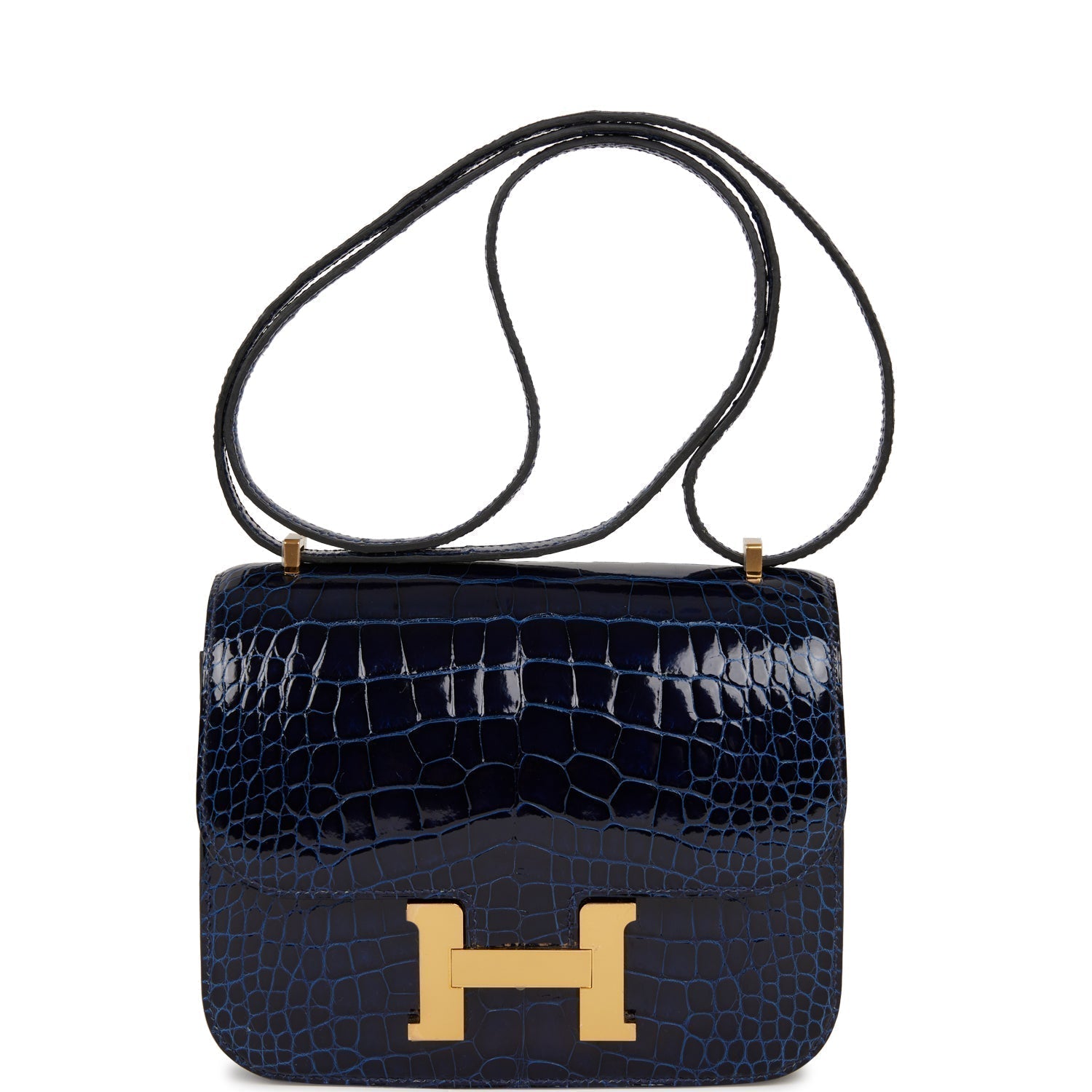 Hermes Constance Bleu Saphir Shiny Alligator Hardware Handbag Gold Travel Bag