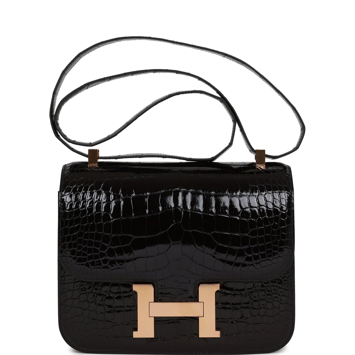 Hermes Constance Shiny Alligator Rose Hardware Handbag Black Gold Travel Bag