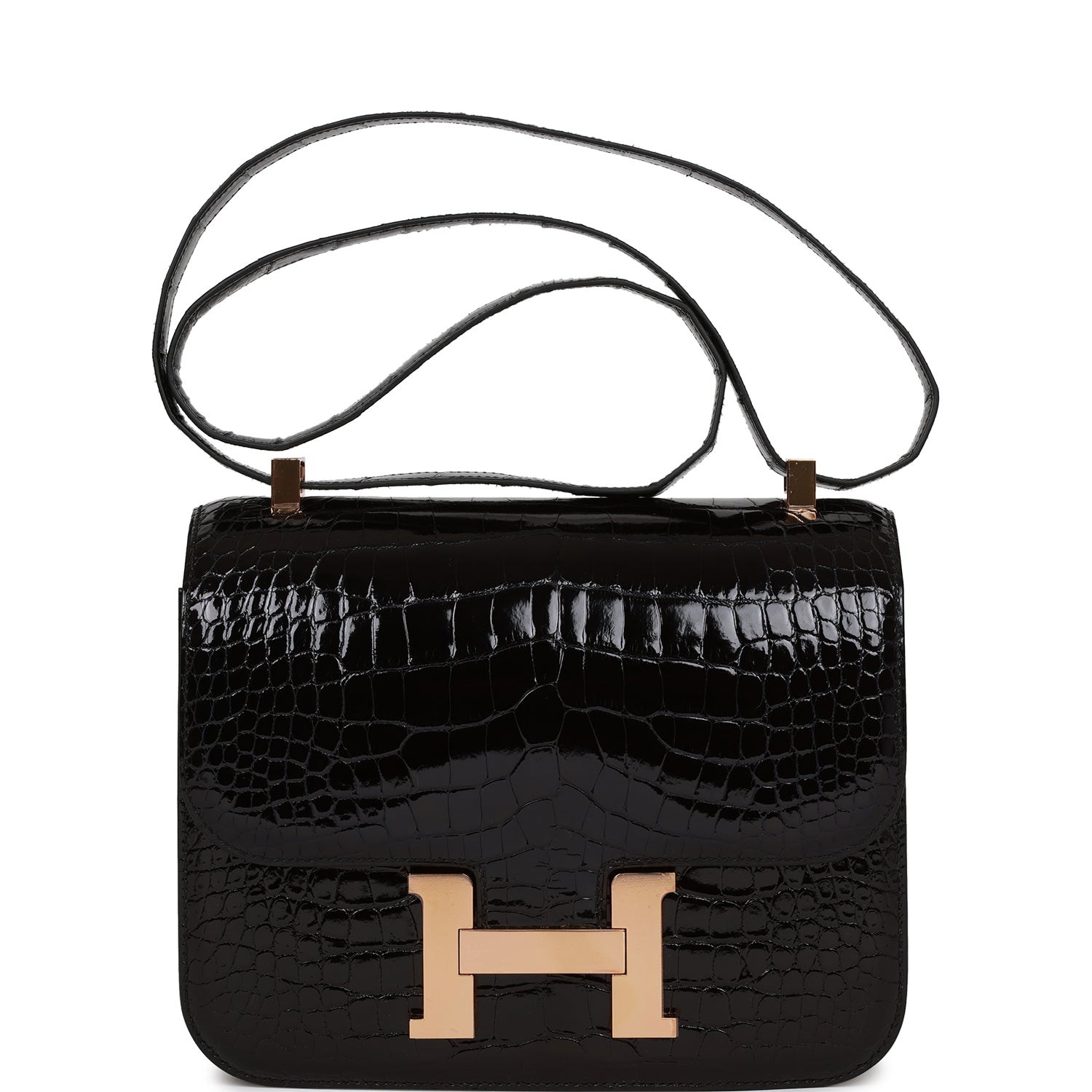 Hermes Constance Shiny Alligator Rose Hardware Handbag Black Gold Travel Bag