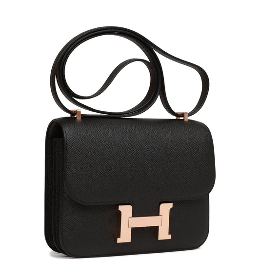 Hermes Constance Epsom Rose Hardware Handbag Black Gold Travel Bag