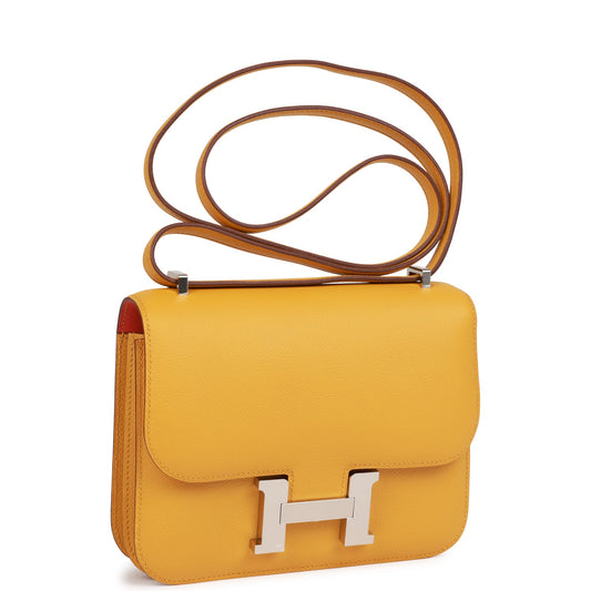 Hermes Constance Jaune Ambre Verso Evercolor Palladium Hardware Travel Bag