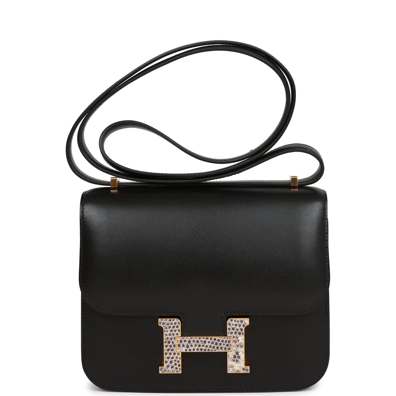 Hermes Constance Tadelakt And Lizard Hardware Crossbody Bag Black Gold