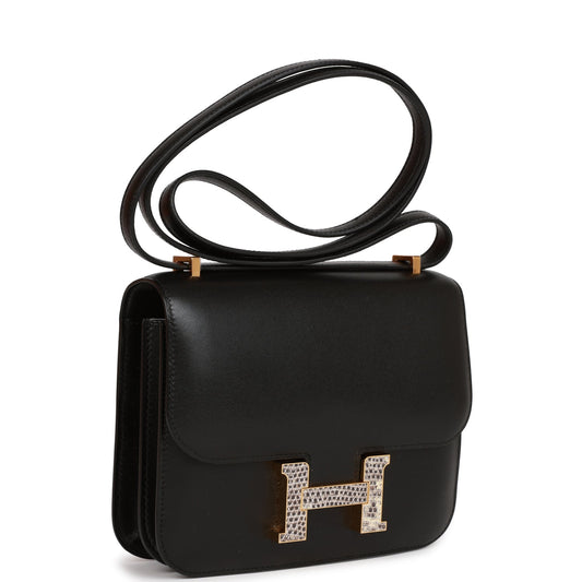 Hermes Constance Tadelakt And Lizard Hardware Crossbody Bag Black Gold