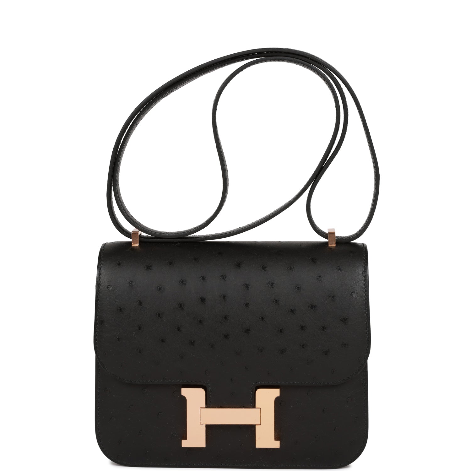 Hermes Constance Ostrich Rose Hardware Handbag Black Gold Travel Bag