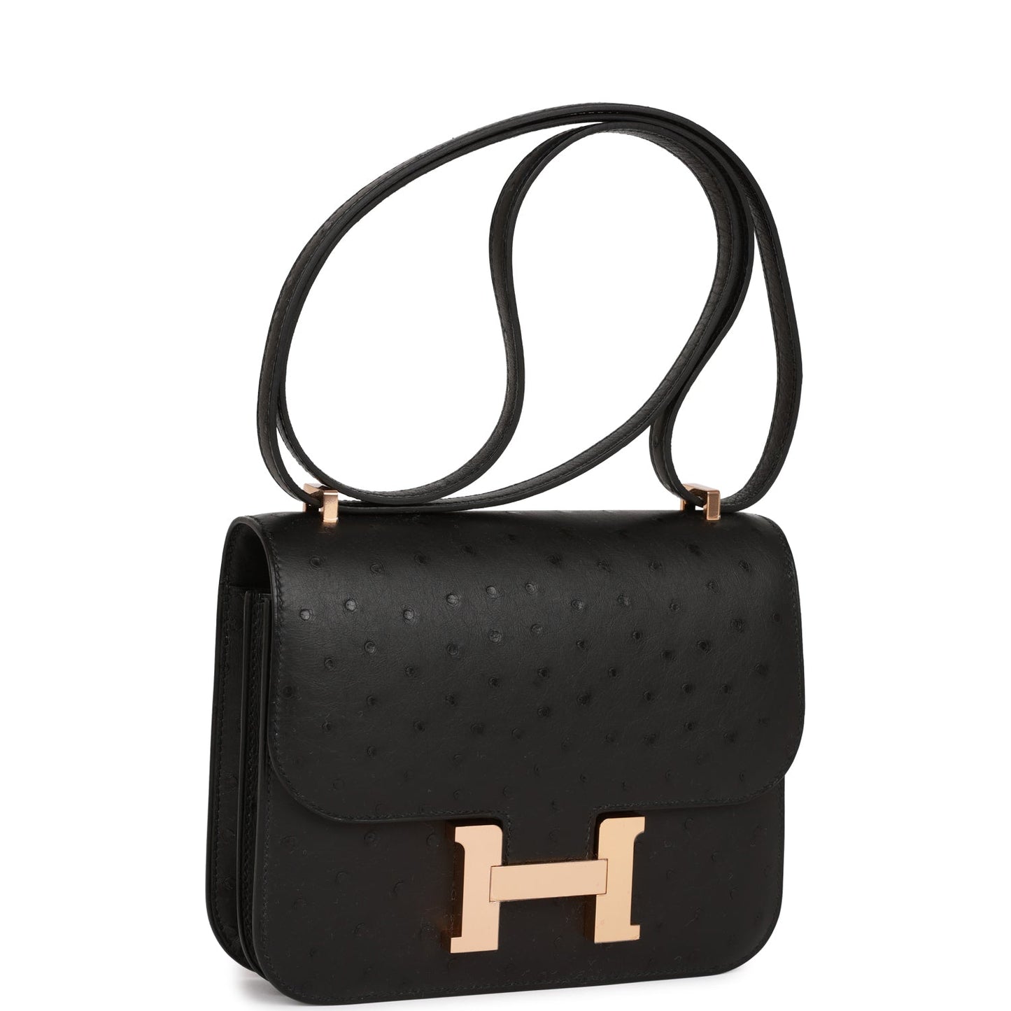 Hermes Constance Ostrich Rose Hardware Handbag Black Gold Travel Bag
