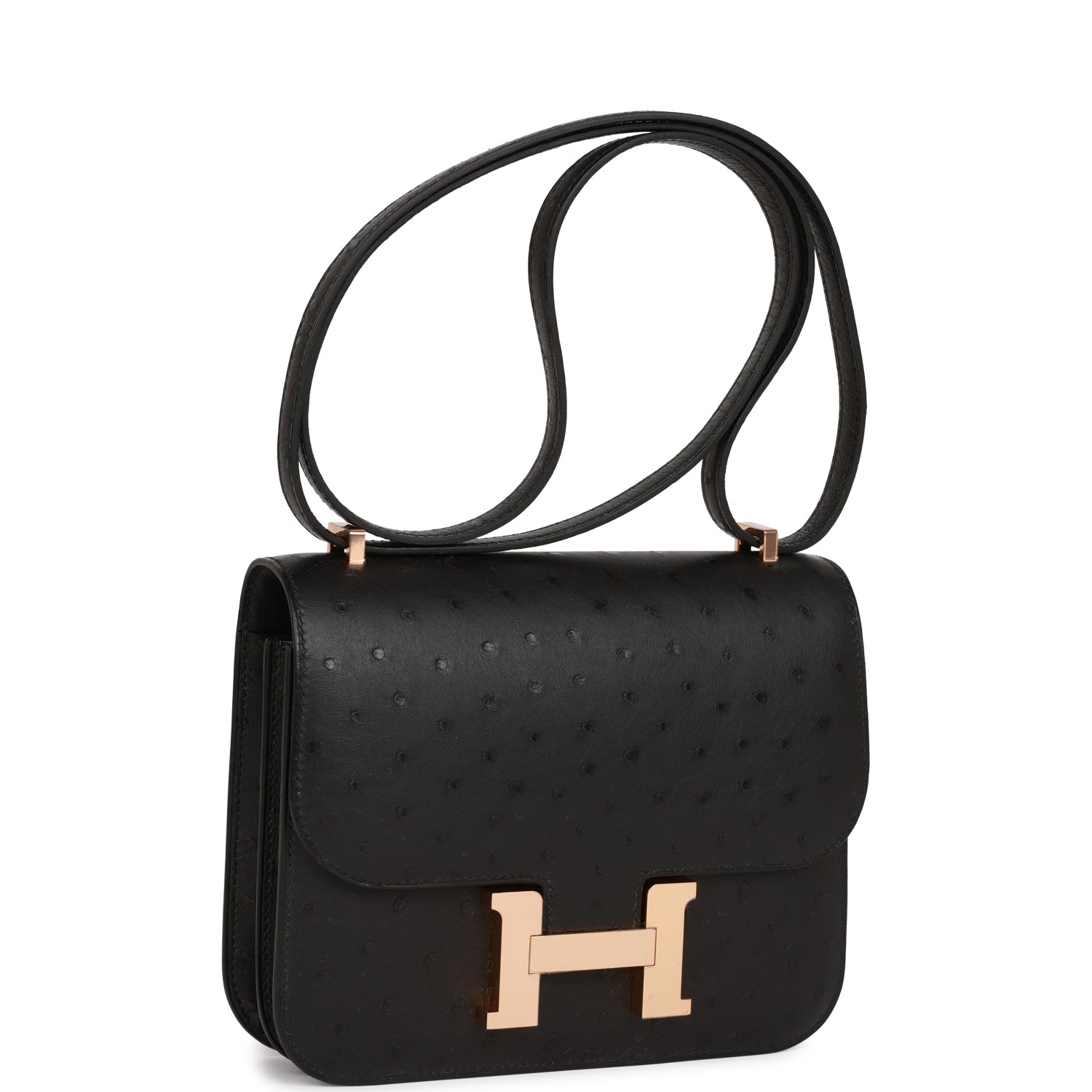 Hermes Constance Ostrich Rose Hardware Handbag Black Gold Travel Bag