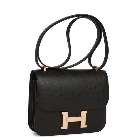 Hermes Constance Ostrich Rose Hardware Handbag Black Gold Travel Bag