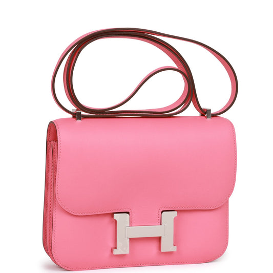 Hermes Constance Rose Azalee Swift Palladium Hardware Handbag Travel Bag