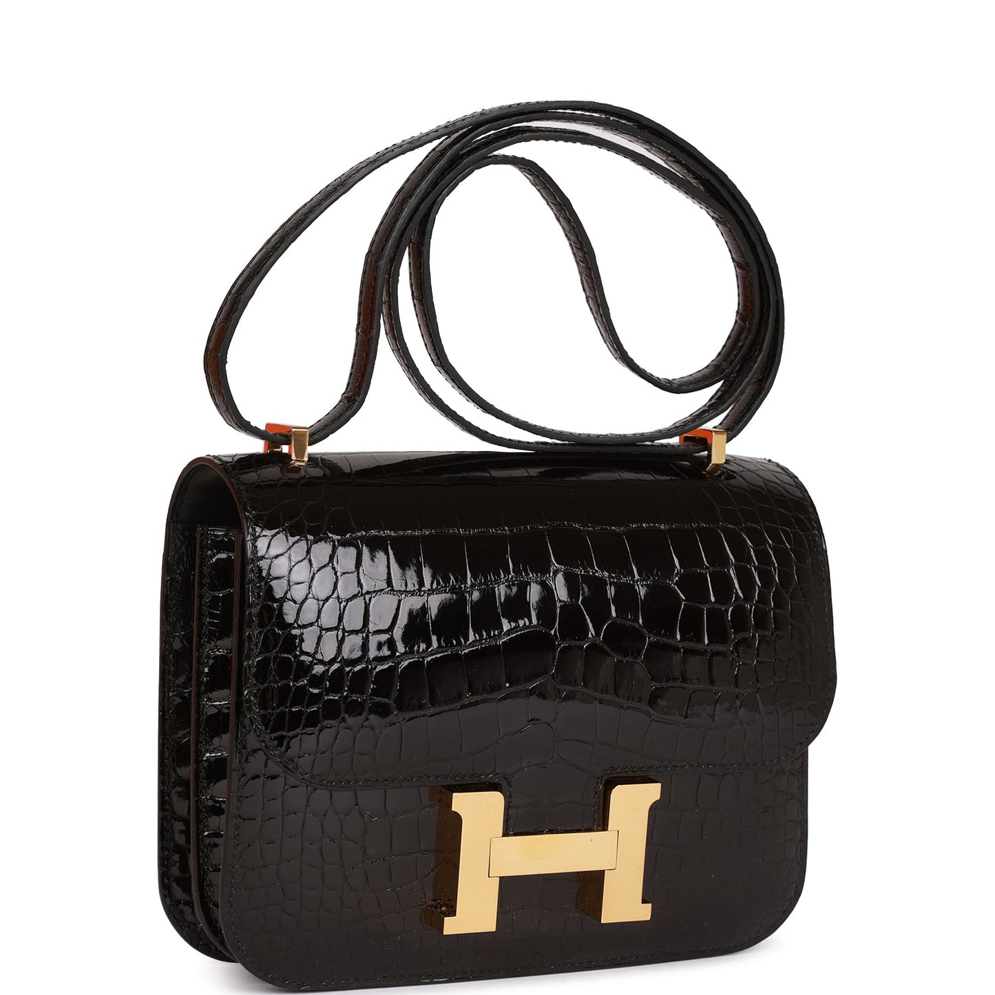 Hermes Constance Shiny Alligator Hardware Handbag Black Gold Travel Bag