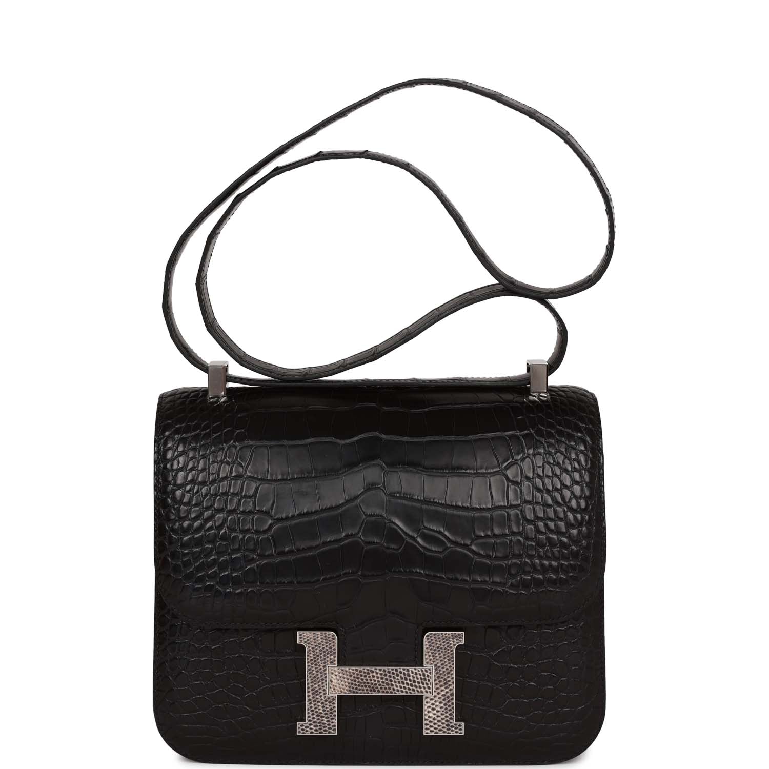 Hermes Constance Matte Alligator And Ombre Lizard Marquette Palladium Black Travel Bag
