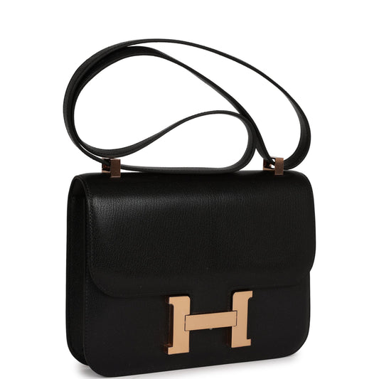 Hermes Constance Chevre Chamkila Rose Hardware Handbag Black Gold Travel Bag