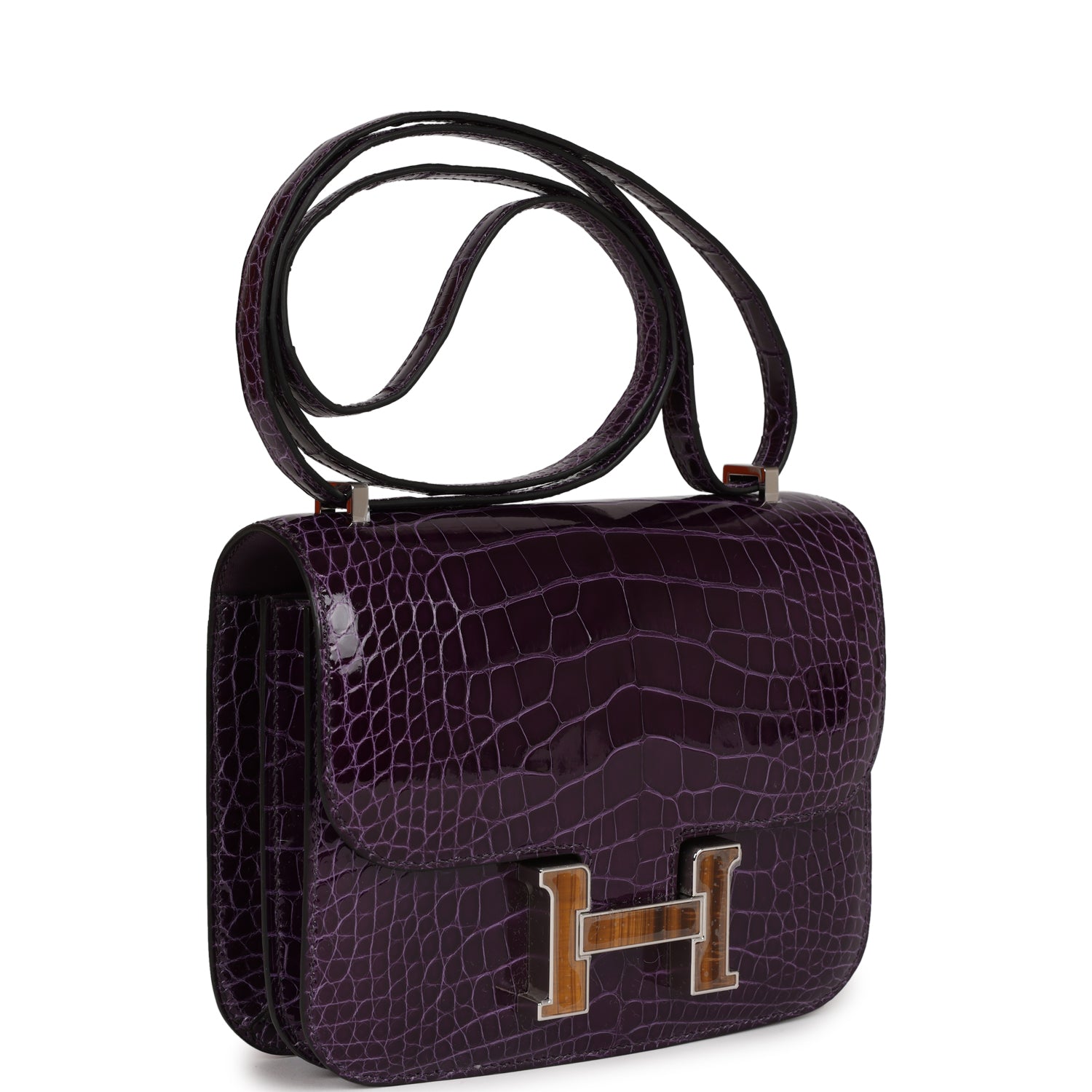 Hermes Constance Amethyst Shiny Alligator Tigers Eye Quartz Travel Bag