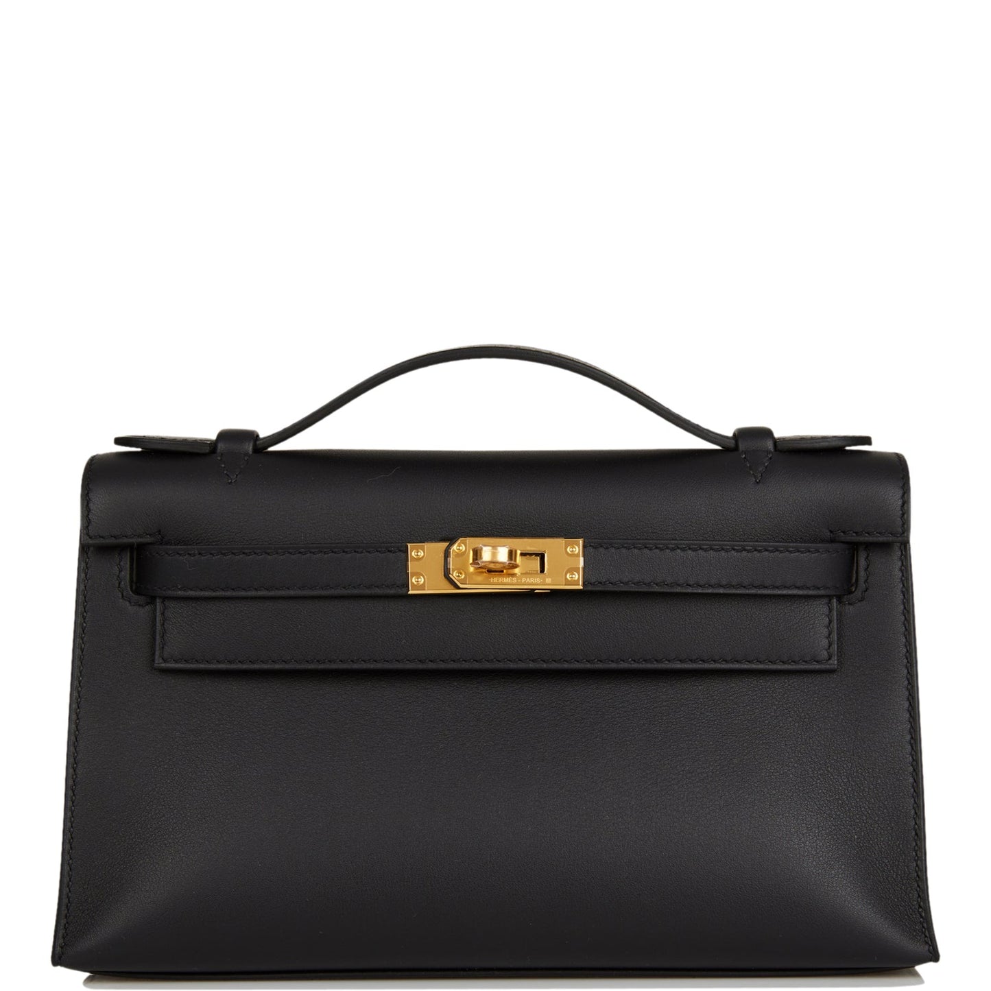Hermes Kelly Pochette Swift Hardware Clutch Bag Black Gold Hardware 2
