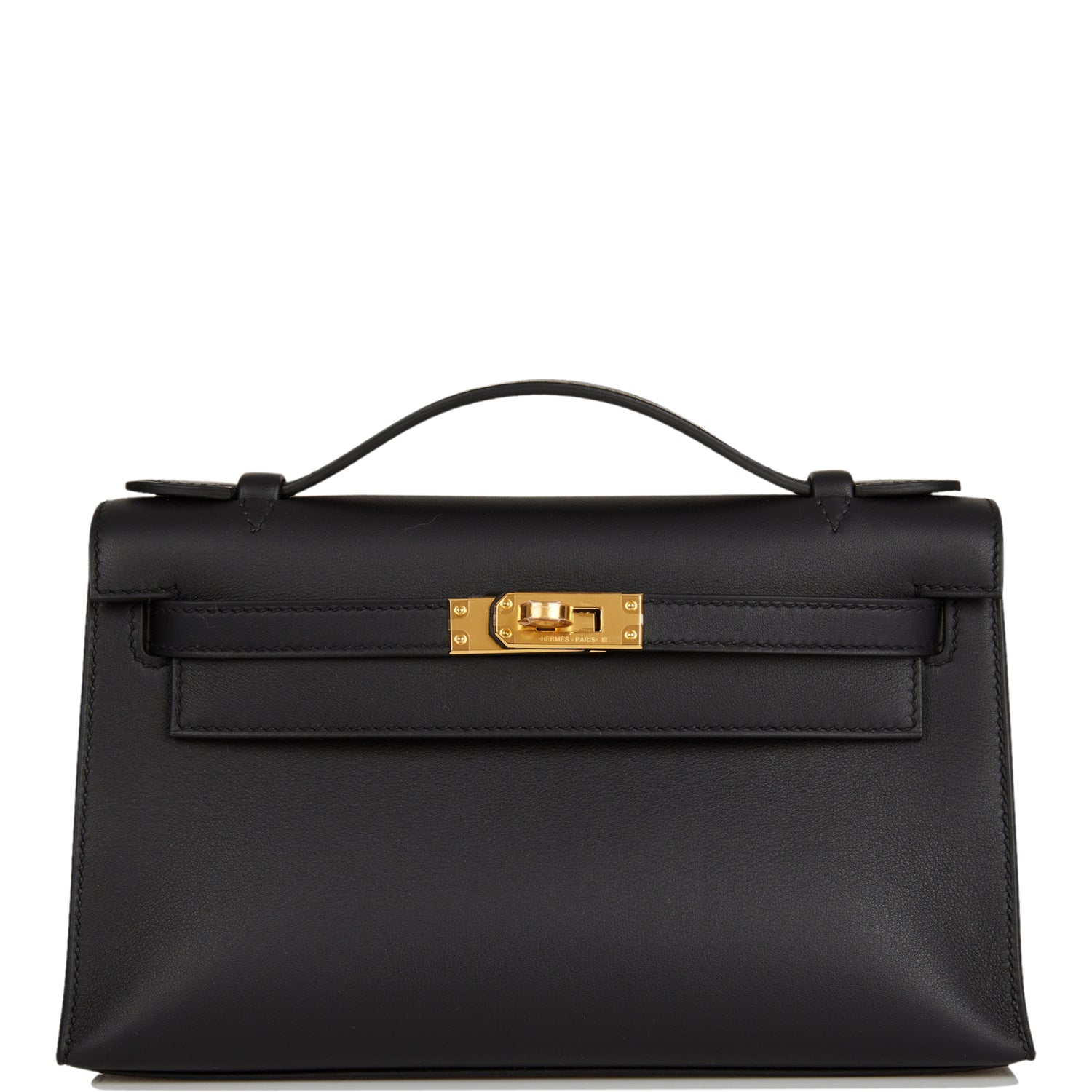 Hermes Kelly Pochette Swift Hardware Handbag Black Gold Travel Bag
