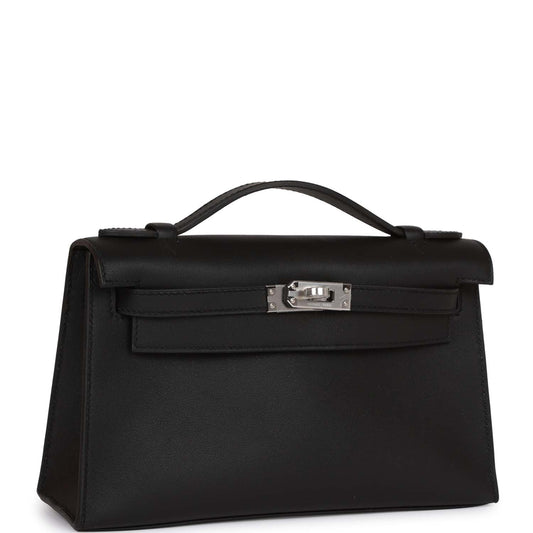 Hermes Kelly Pochette Swift Palladium Hardware Handbag Black Travel Bag