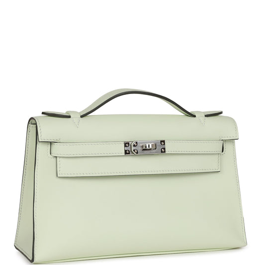 Hermes Kelly Pochette Vert Fizz Swift Palladium Hardware Travel Bag